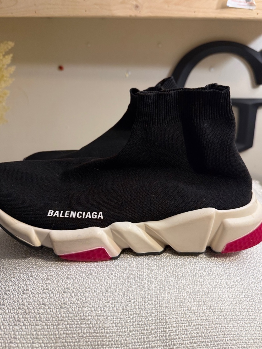 Balenciaga Black Knit Sock Sneaker with Cream Sole and Pink Accents